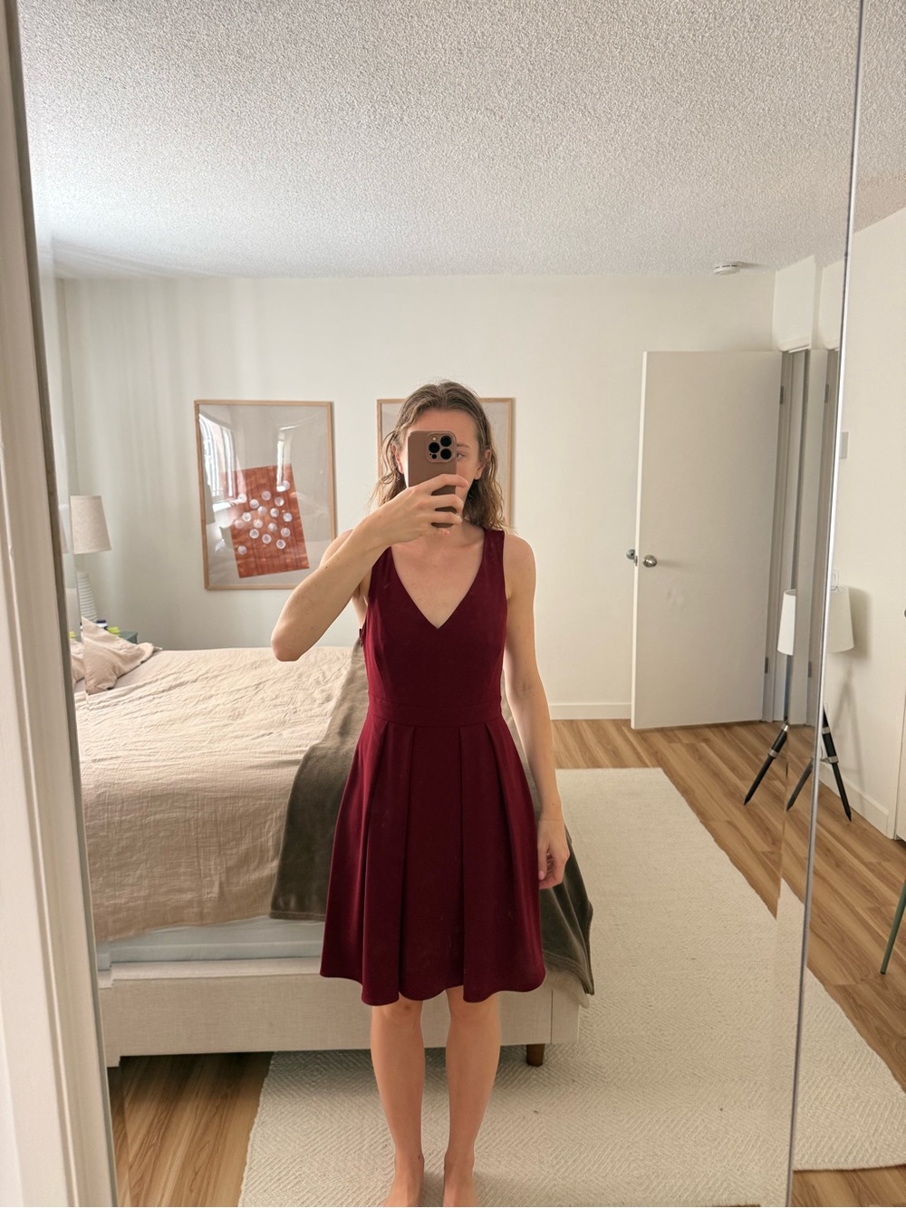 V-Neck Fit & Flare Mini Dress in Deep Wine